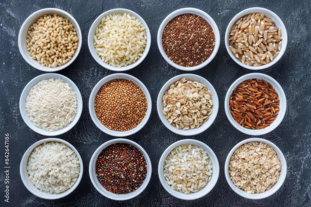 Assorted grains and cereals in white bowls on dark background Assorted grains and cereals in white bowls on dark background