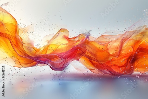 This image showcases an abstract fluid art piece with vibrant waves of orange, yellow, and red, evoking energy and motion