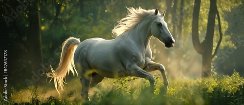 Gallant Horse Charging Through Forest Meadow