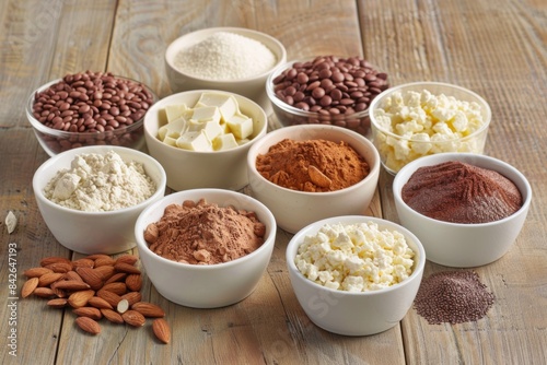 Variety of baking ingredients in white bowls on wooden table