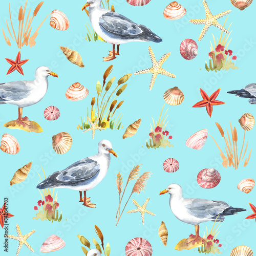 Beach summer seamless  pattern with black and white seagull bird, shells, lifebuoys,  sky, blades of grass   Stock illustration . Hand painted in watercolor.