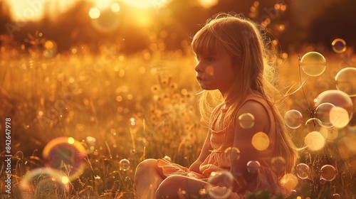 A young girl sitting in a sunlit field, surrounded by floating bubbles on a beautiful summer day.
