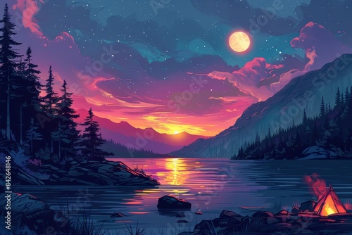 Vividly colorful illustration of a night camp with a fire by a mountain lake under a moonlit sky