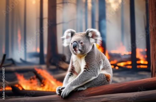 Helpless sad koala on backgrpund of forest fire. Ecological problems. Enviroment protection. Animal welfare photo