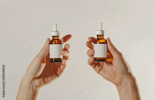 Two hands holding two bottles of facial serum against a white background 