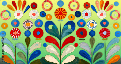 Design floral abstrait en fond vert avec motifs colorés, parfait pour projets de design graphique et textiles photo