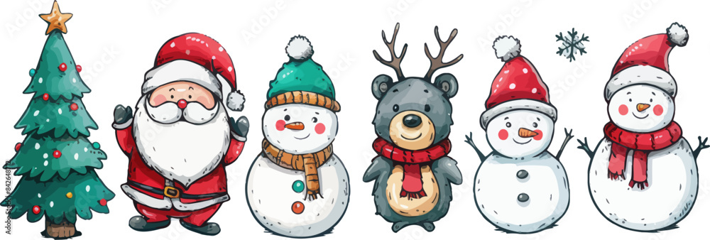 Festive Christmas Characters Lineup - A Whimsical Illustration of Holiday Cheer Festive Christmas Characters Lineup - A Whimsical Illustration of Holiday Cheer