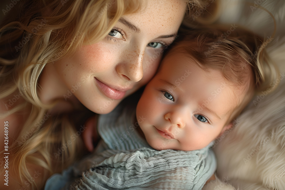 Young mother, caressing her newborn baby boy, holding him in her arms and smiling from happiness Young mother, caressing her newborn baby boy, holding him in her arms and smiling from happiness