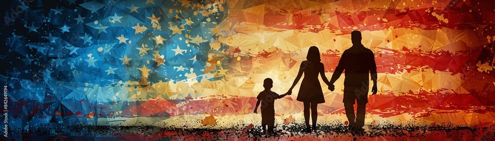Naklejka premium United Family: Patriotic Silhouette Holding Hands in front of American Flag Banner