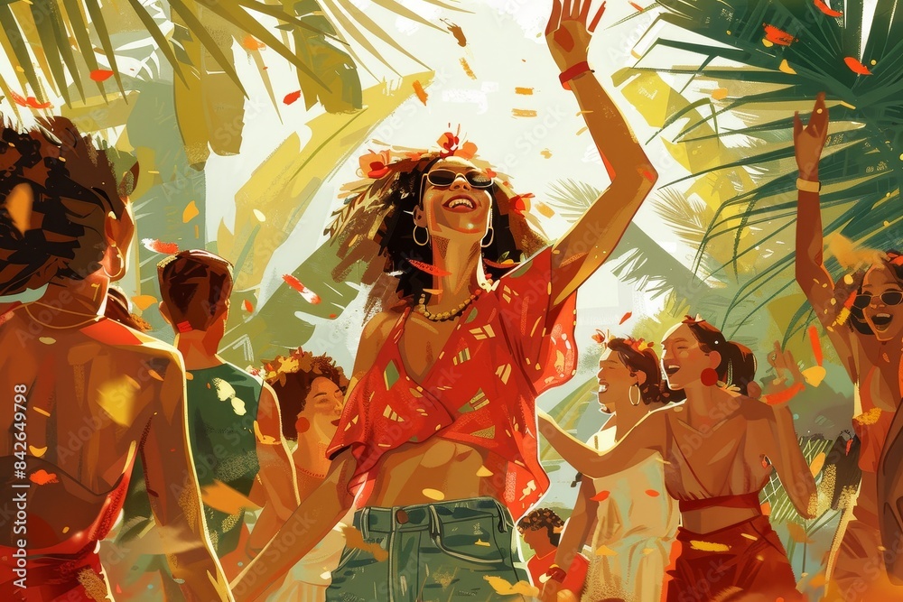 Obraz premium A digitally painted festive scene depicts a crowd of happy people celebrating at a tropical party with vibrant colors