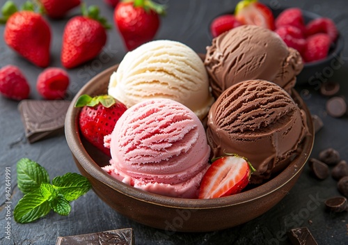 Assorted Scoops of Chocolate  Vanilla  and Strawberry Ice Cream in a Bowl