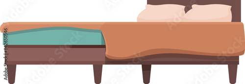 Double bed with wooden frame, pillows and blanket covering half of the mattress, isolated on white background