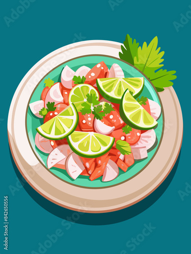 A plate of fresh ceviche with lime and cilantro vector