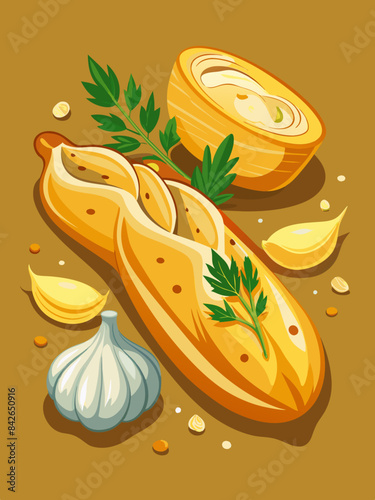 A fresh baguette with a spread of garlic butter vector