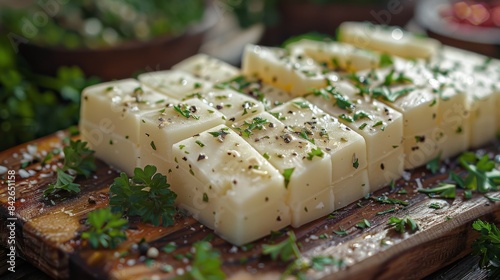 Sliced Cheese With Parsley and Tomatoes on Wooden Board