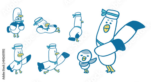 青い線で描いた面白くかわいいカモメの水平さん