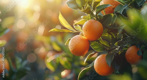 Ripe Oranges Hanging On A Branch In An Orange Grove At Sunset