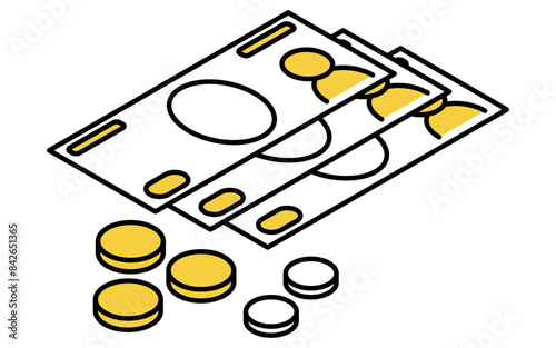 防災グッズ、現金（紙幣と小銭）のシンプルな線画、アイソメトリックイラスト