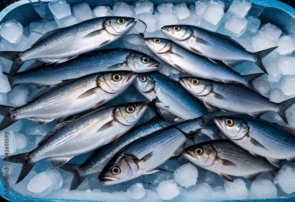 Obraz premium Top view of a large metal tray filled with ice and fresh fish, neatly arranged in a circular pattern, showcasing their shiny scales and fresh appearance, Generative AI.