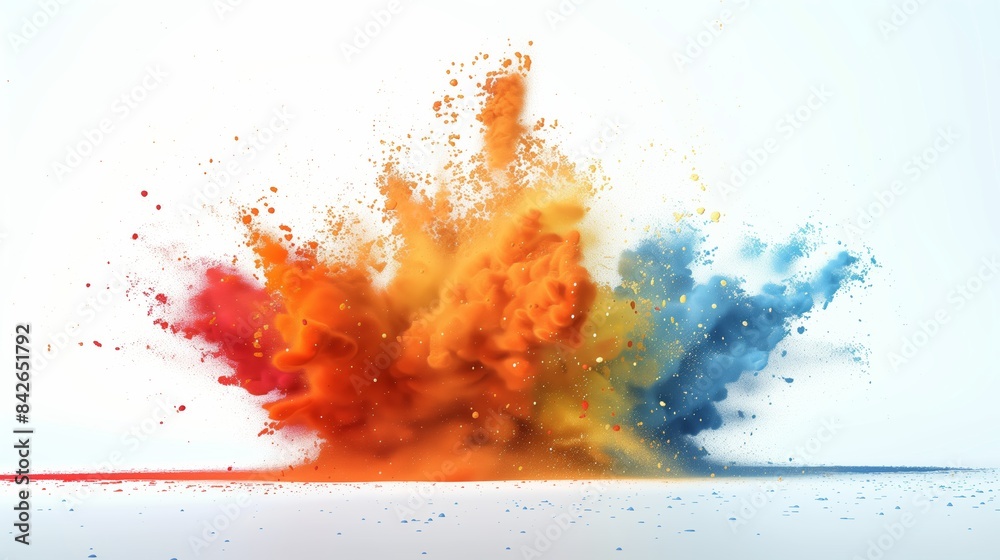 Explosive Burst of Colorful Dry Pigments in Mid-Air Against White Background Explosive Burst of Colorful Dry Pigments in Mid-Air Against White Background