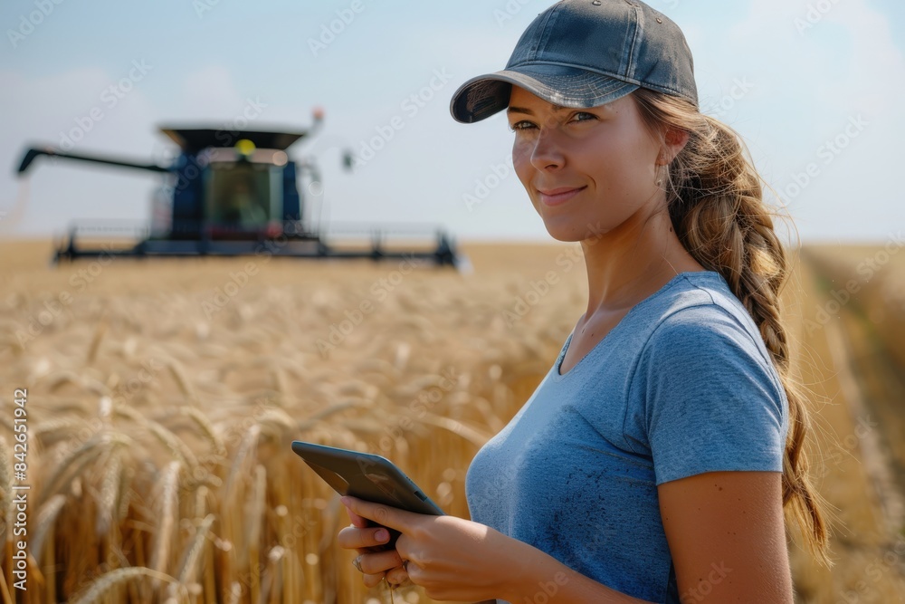 A farmer uses a digital tablet to monitor wheat harvest, showcasing technology in agriculture A farmer uses a digital tablet to monitor wheat harvest, showcasing technology in agriculture
