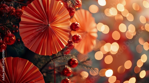 Red Paper Fans and Ornaments Decorate a Christmas Tree With Warm Bokeh Lights