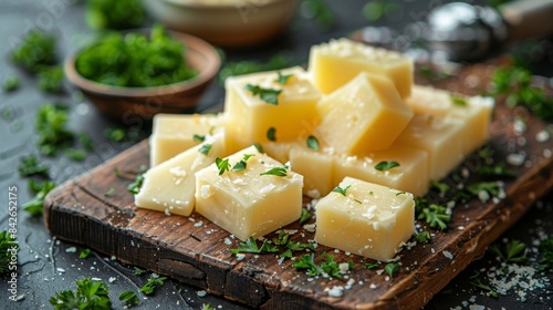 Sliced Cheese With Parsley and Tomatoes on Wooden Board
