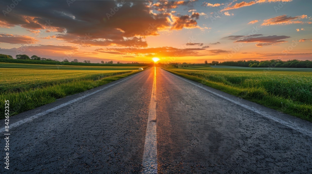 Rural Country Road Leading Towards Sunset Over Fields Rural Country Road Leading Towards Sunset Over Fields