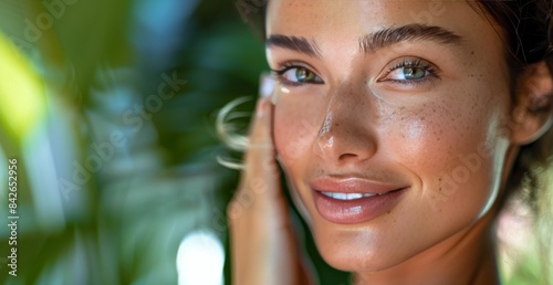 Young Woman Smiling in Lush Greenery on a Sunny Day