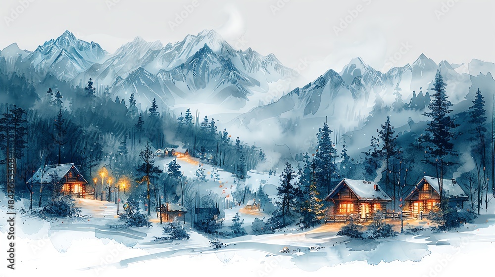 A winter wonderland of snow-covered mountains and pine trees