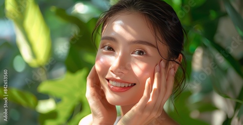 Young Woman Smiling in Lush Greenery on a Sunny Day
