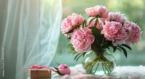 Pink Peonies in a Glass Vase With a Gift Box on a White Table