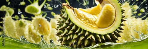 Splashes and waves of durian juice isolated on sweet fresh durian