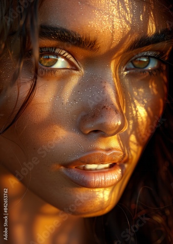 Macro Close-Up Portrait of African Woman, Smooth Hair in Golden Sunset