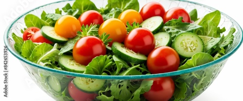 A vibrant salad featuring cherry tomatoes  cucumbers  and mixed greens in a glass bowl. The fresh ingredients and colorful presentation make it a healthy and appealing choice.