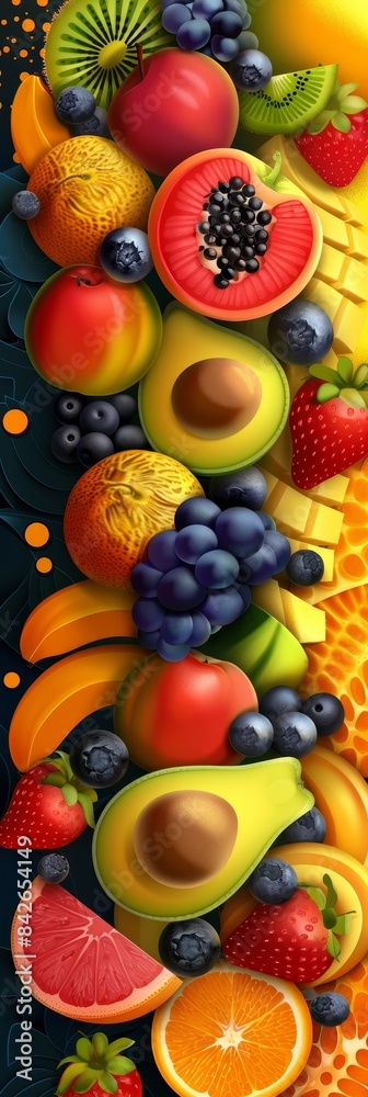 Vibrant Fruit Collage Featuring Avocado, Kiwi, and Grape