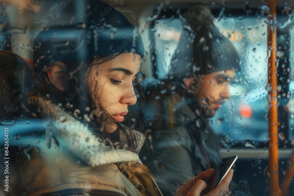 Dramatic image of a woman looking at her phone while on a bus with raindrops on the window Dramatic image of a woman looking at her phone while on a bus with raindrops on the window