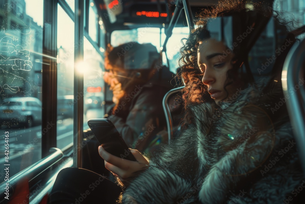 Image captures a person using a smartphone on a bus during nighttime travel, encapsulating urban life and connectivity Image captures a person using a smartphone on a bus during nighttime travel, encapsulating urban life and connectivity
