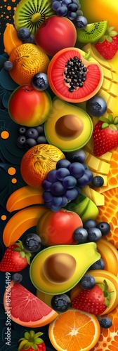 Vibrant Fruit Collage Featuring Avocado  Kiwi  and Grape