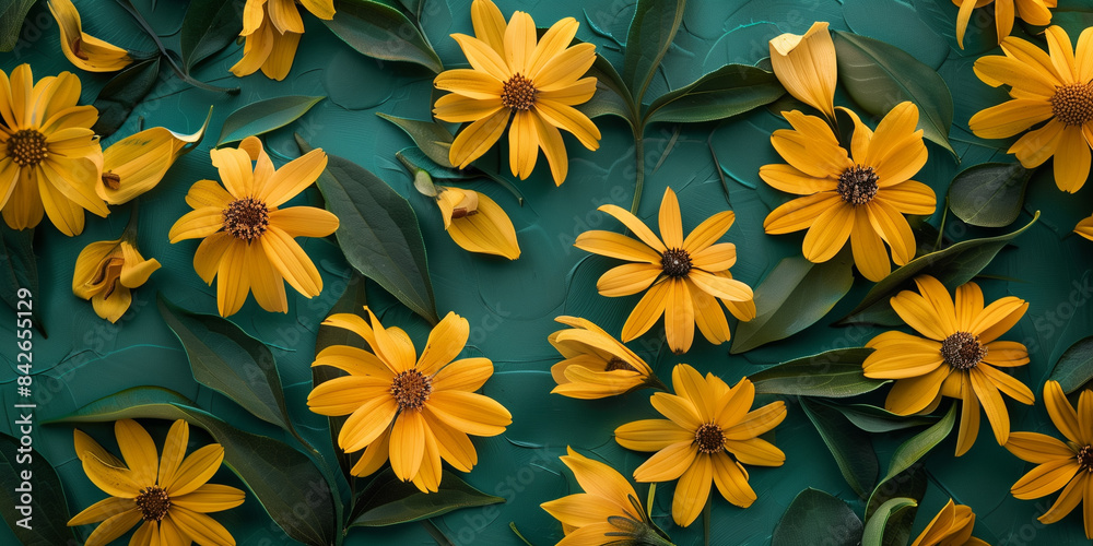 Top view of yellow flowers and green leaves on turquoise background Top view of yellow flowers and green leaves on turquoise background