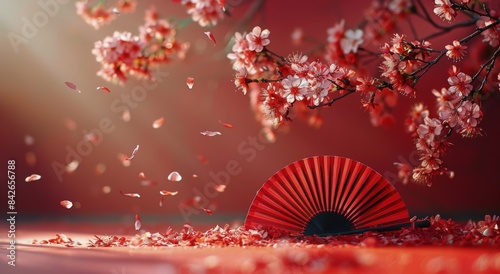 Red Fan and Cherry Blossoms in a Festive Setting