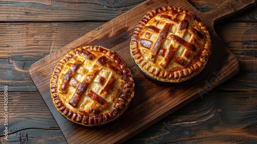 Two Golden Brown Pies on a Wooden Cutting Board