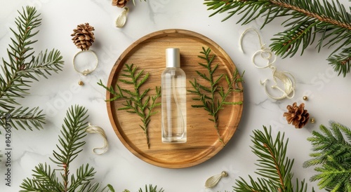 Glass Bottle of Perfume on Wooden Tray With Pine Branches and Sunlit Background