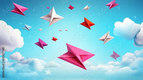 Vibrant 3d flying paper airplanes over school notebook background: colorful vector illustration of children's paper planes in motion

 photo