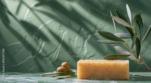 Natural Handmade Olive Oil Soap Bar With Green Leaves on a Rustic Tabletop