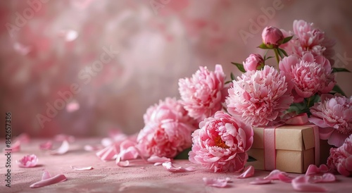 Pink Peonies and a Gift Box on a Soft Pink Background