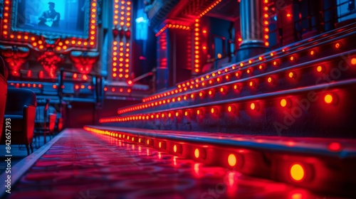Illuminated Steps Leading to a Stage Under Red Lights in a Theater