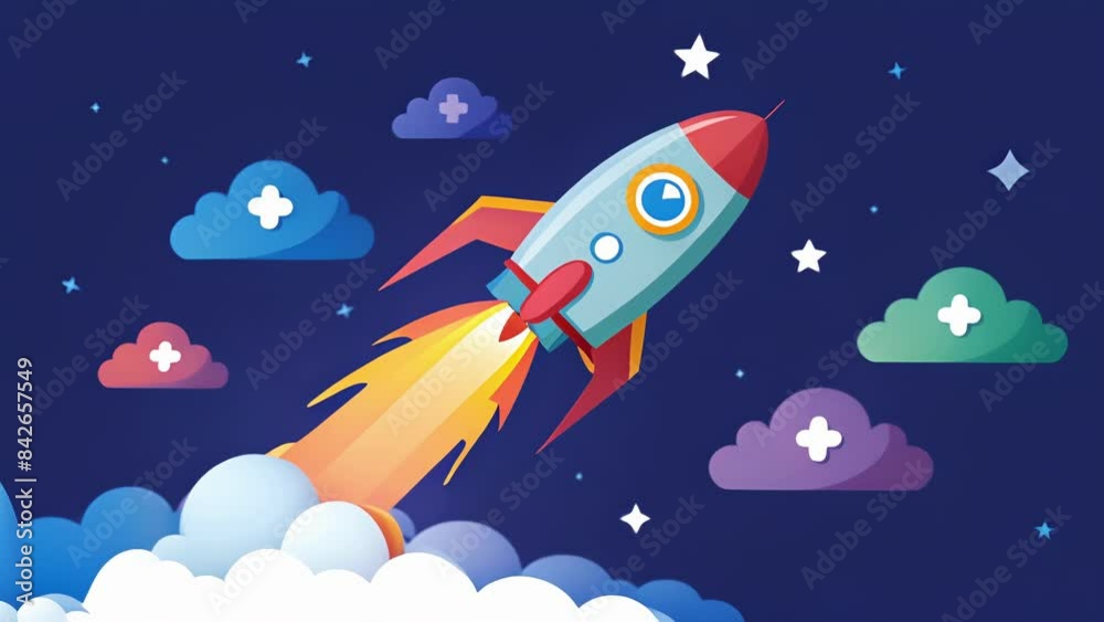 A rocket blasting off into space leaving a trail of social media hashtags and status updates in its wake.. 2d flat cartoon