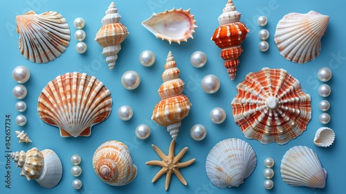 Seashells and Pearls on a Blue Background