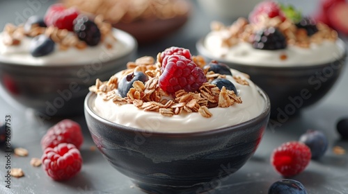 Yogurt Parfait With Granola, Berries, and Mint in Blue Bowl